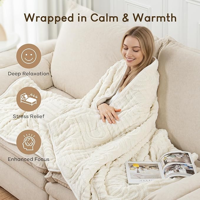Cottonblue Jacquard Weighted Blanket for Adults 15 lbs Twin Size, Soft Fluffy Sherpa Fleece Weighted Throw Blankets 60" x 80" for Sleep Relax, Fuzzy Warm Arch Heavy Blanket for Bed Couch, Cream White