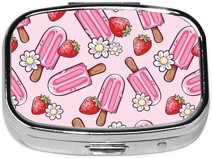 Ice Cream Pill Box 2 Compartment Small Pill Case,Portable for Pocket or Purse Pill Organizer Pill Container Holder with Mirror to Hold Vitamins, Medication, Fish Oil and Supplements