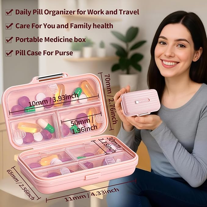 Daviky Travel Pill Organizer,Large 7-Compartment Pill Box for Vitamins & Medications, Compact Medicine Case for Pocket or Purse(Pink)