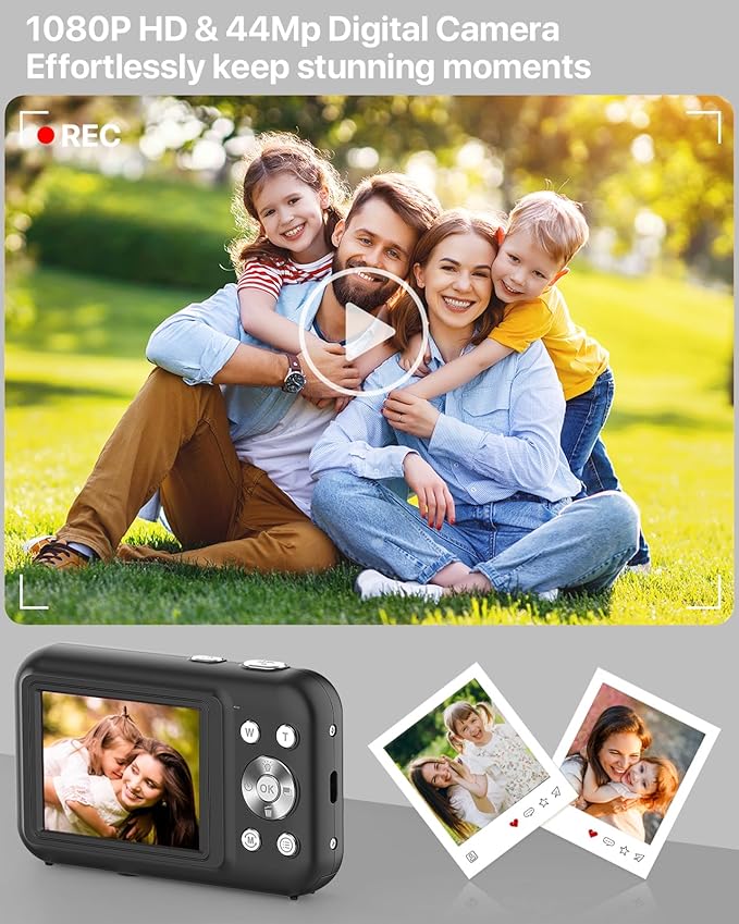 Digital Camera, Kids Camera with 32GB Card, FHD 1080P 44MP Vlogging Camera, 16X Zoom Point and Shoot Digital Camera Compact Portable Rechargeable Cameras for Teens Boys Girls Students Seniors-Black