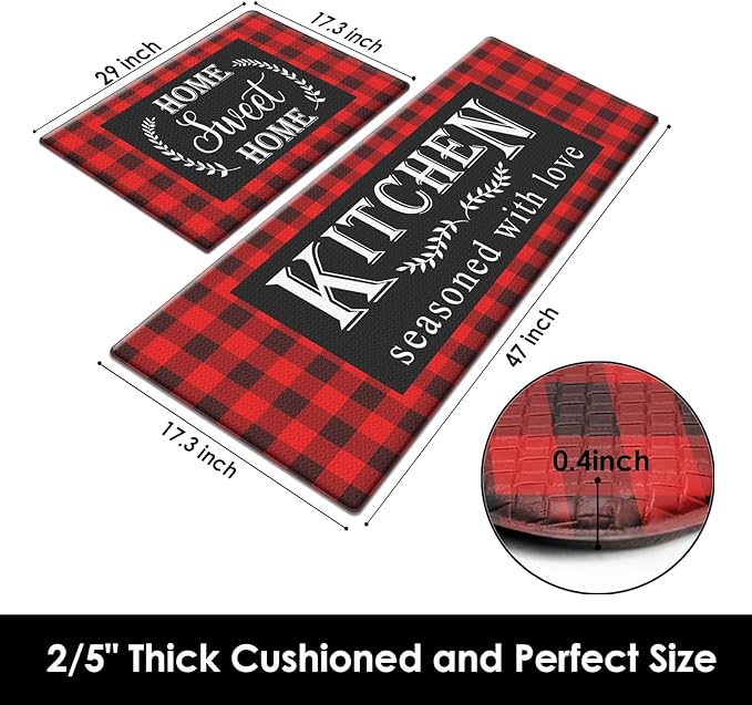 Arttown Black Red Anti-Fatigue Kitchen Rug Set of 2 Buffalo Plaid Cushioned Floor Standing Mat Waterproof Non-Slip Mat and PVC Ergonomic Comfort Foam Rug