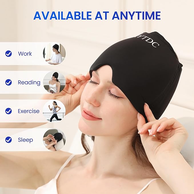 Migraine Relief Cap Gel Ice Head Wrap - Hot & Cold Therapy Soothing Headache Hat Ice Pack Mask, Headache Relief Wrap for Tension, Stress, Hangover&Puffy Eyes (Black, 1PC)