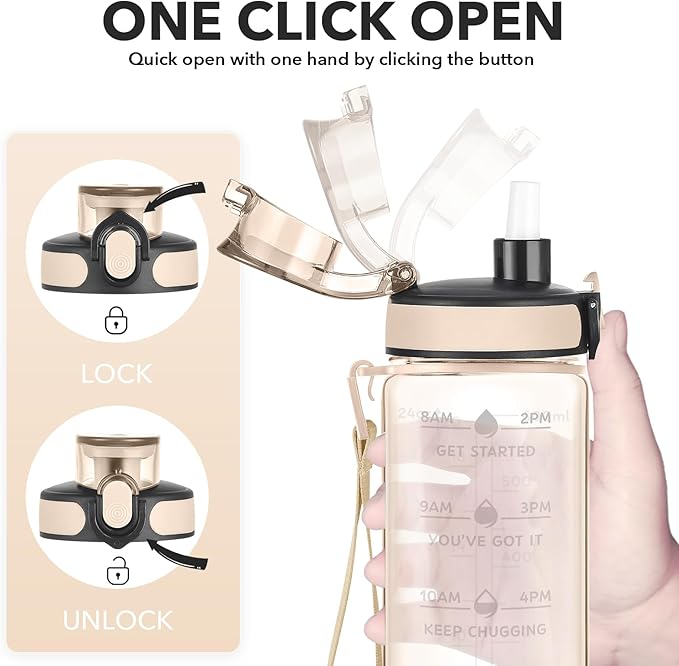 Enerbone Water Bottle, Leakproof BPA & Toxic Free, Motivational Water Bottle with Times to Drink and Straw, Fitness Sports Water Bottle with Strap for Office, Gym, Outdoor Sports