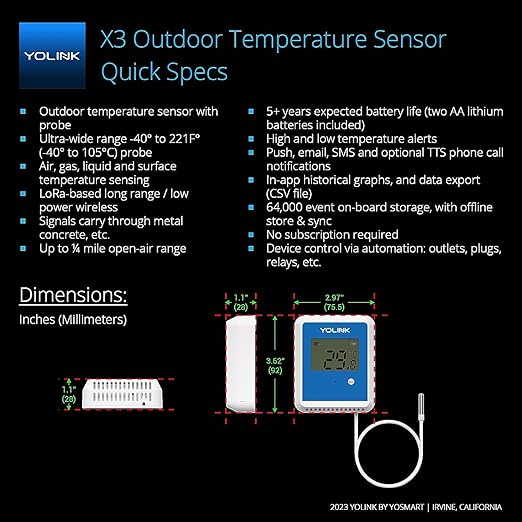 YoLink Smart X3 Version Outdoor Temperature Data Logger with Probe, Thermometer, 1/4 Mile Range, 5+ Years Battery Life, Emails, Text, App Alerts, Alexa, IFTTT. Pool, Hot Tub, Fish Tank. Hub Included!