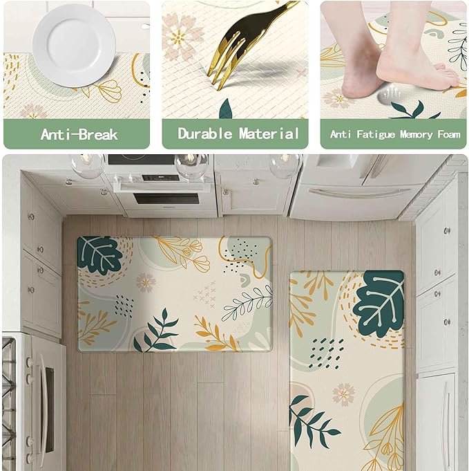 Boho Kitchen Rug Mats for Floor Cushioned Anti Fatigue Green Kitchen Rugs Sets of 2 Botanical Non Slip Waterproof Comfort Memory Foam Standing Floor Mat for Office Laundry Sink Desk