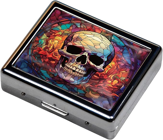Silver Vintage Pill Box 7 Day Metal Pill Box with Mirror and 8 Compartments Cute Travel Pill Organizer for Purse (Stained Glass Colorful Skull)