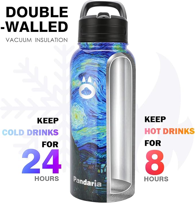 Insulated Water Bottle 32oz, Stainless Steel Water Bottle with Straw & Spout Lids & Paracord Handle | with Straw, Spout Lids, Paracord Handle