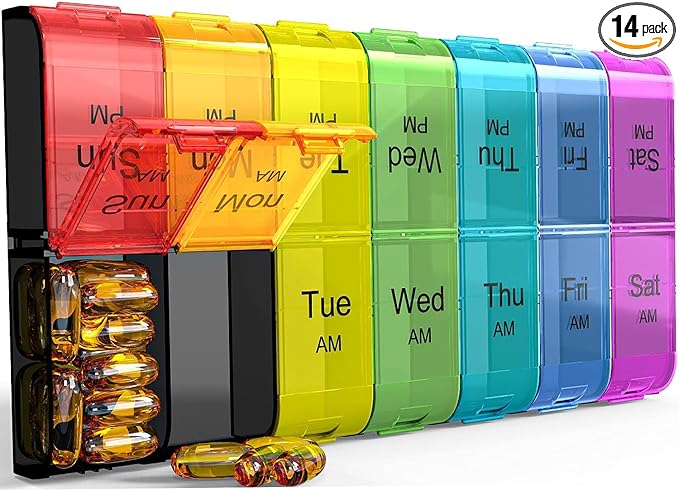 Extra Large Pill Organizer 2 Times a Day, Weekly XL AM PM Pill Case, 7 Day Pill Box Twice a Day, Oversized Daily Medicine Organizer for Vitamins, Big Pill Container, Medication Dispenser (Rainbow)