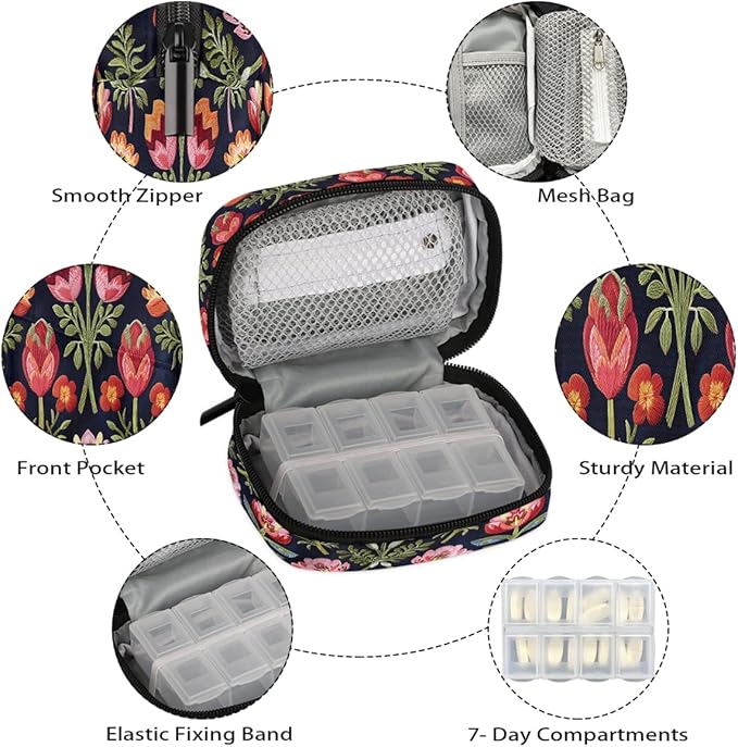 Tulips Red Flower Pill Case Travel Pill Organizer Weekly 7 Day Portable with Zipper Medicine Box Pill Case for Vitamins, Birth Control,Fish Oils,Medication, Supplements