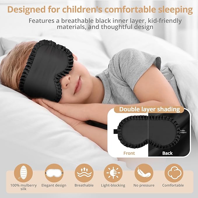 Kids Sleep Mask, 100% Real Mulberry Silk Eye Mask, Sleeping Mask for Kids with Adjustable Elastic Band, Soft & Light Blocking Eye Cover Gift for Boys Girls Teens Age 5+ (Black)