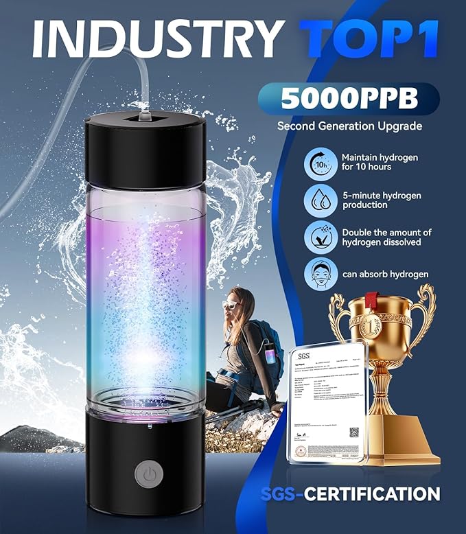 4.0 Upgrade Hydrogen Water Bottle & Hydrogen Absorption 【SGS Certification - 5000PPB】【NO.1-100% Odorless】 Hydrogen Water Bottle - 2025 SPE PEM Technique, Double Hydrogen Content 2PCS