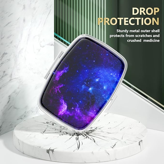 Nipichsha Pill Box, Small Pill Case for Purse & Pocket, Cute Travel Medicine Organizer, Portable Medicine Container Holder to Hold Vitamins, Medication, Fish Oil & Supplements, Starry Night