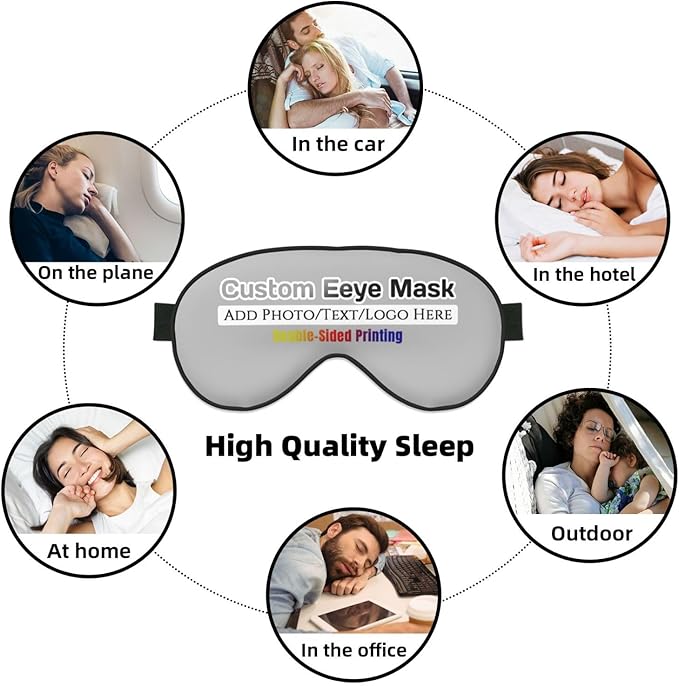 Custom Eye Mask for Sleeping Personalized Your Photo Text Logo Adjustable Strap Sleep Mask Customized Soft Blindfold Eyemask Blackout Eye Cover for Men Women Home Travel Offices Grey