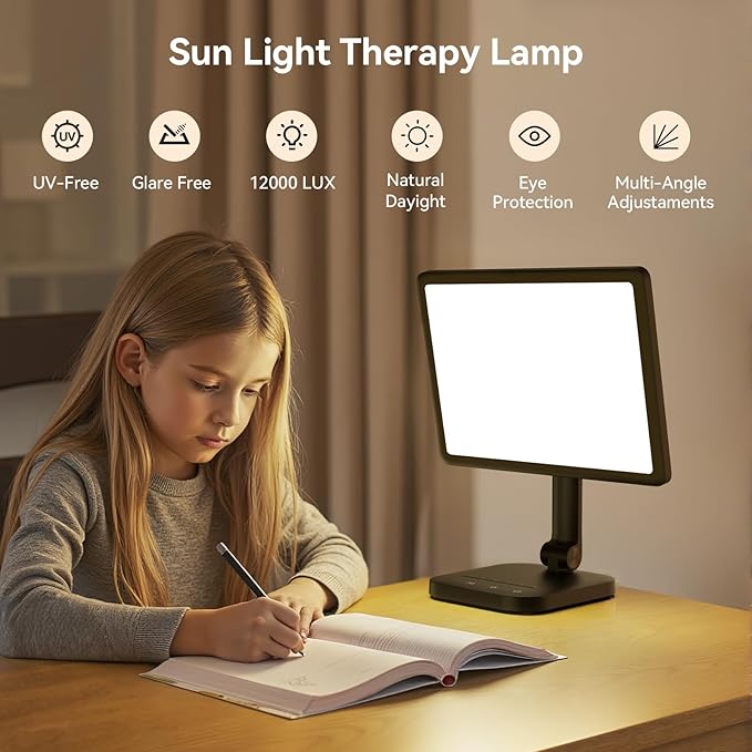 Sun Lamp, 12000 Lux UV-Free Light Therapy Lamp with 5 Adjustable Brightness Levels/6 Timer/Remote Control,180° Free Rotable Heavy Base Smart Plug for Home Office