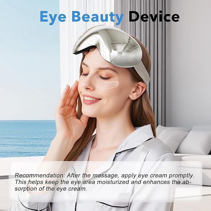 Eye Massager with Heat and Cooling for Migraines – 14 Massage Nodes for Eye Strain Relief, Rechargeable Bluetooth Music, Improve Sleep,Eye Strain Relief, Birthday Gifts for Women and Men(sliver)