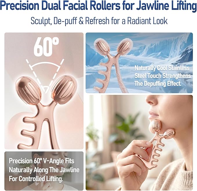 Gua Sha Facial Tools & Face Roller Set, Stainless Steel Facial Massager Tools for Lymphatic Drainage & Face Sculpting, Textured Guasha for Better Grip, Double Chin Reducer, Skincare Gift(RoseGold)
