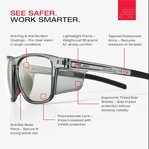 Riley Navigator X Safety Glasses – Anti-Fog, Scratch/Impact Resistant & UV Blocking LED Lenses, Lightweight Full-Frame for Work, Outdoors, & Active Lifestyles, Gray