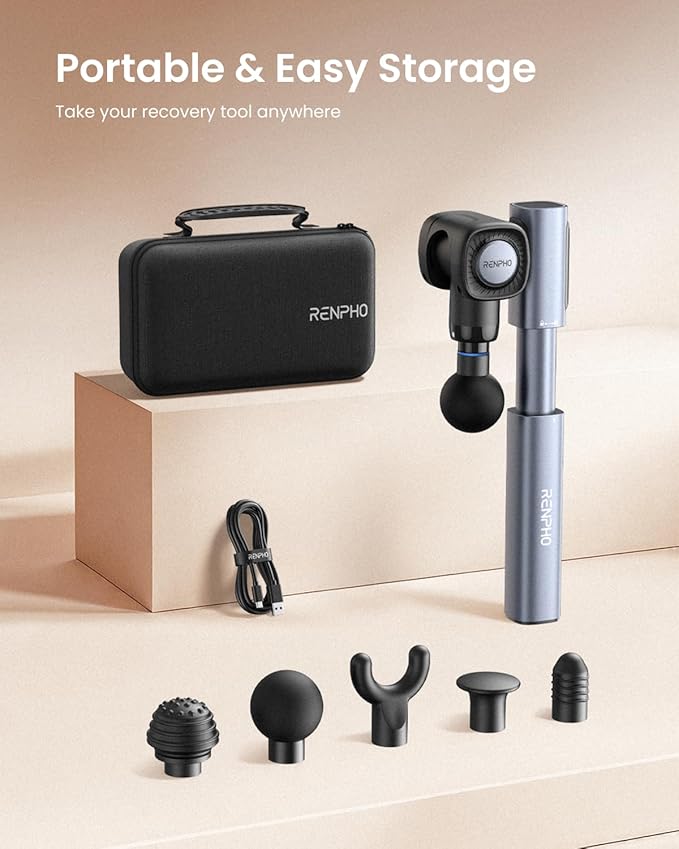 RENPHO Massage Gun with Adjustable Angles and Extension Handle, Handheld Back Massager, Percussion Muscle Massager Deep Tissue with Portable Carry Case for Men Women, Extend 2