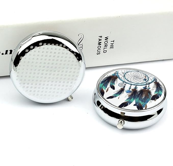 Native American Dream Catcher Pill Box Travel Pill Case for Purse Pocket Weekly Medicine Organizer with Mirror 3 Compartment Round Medicine Case Portable PillcaseHolder for Daily