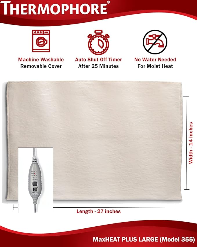 Thermophore MaxHEAT Plus Automatic Moist Heating Pad - Size Large 14" x 27" - Model 355 - Deep Penetrating Moist Heat Therapy for Back, Muscle, and Joint Pain