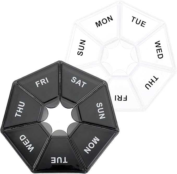 Sibba 7 Day Pill Organizer, 2 Pcs Medicine Pill Box, Daily Pill Holder, Portable Travel Pill Container Holder for Pocket or Purse, Medicine Planner for Vitamins Fish Oil, Supplements (Black, Clear)