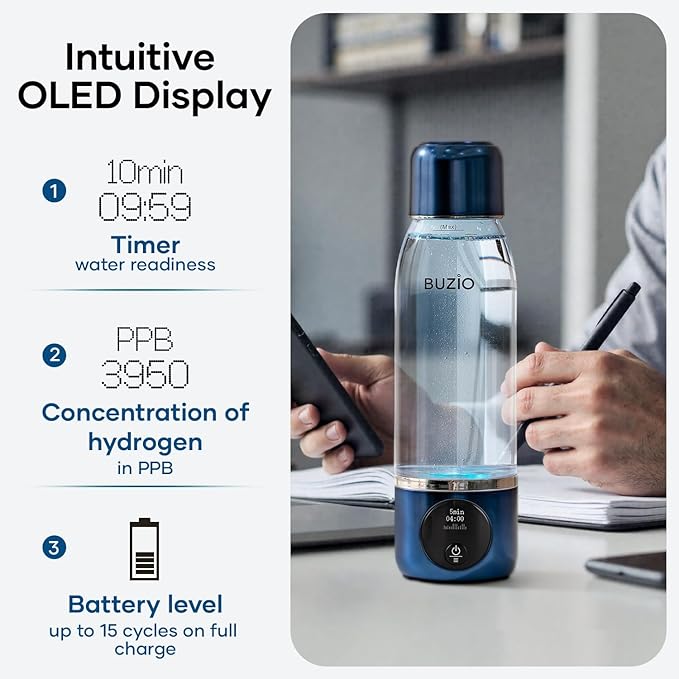 Hydrogen Water Bottle, BUZIO 4000ppb Hydrogen Water Bottles Generator Machine with Gen5 SPE/PEM Technology, Portable Athletic Performance Alkaline Water Bottle, with Dupont Membrane, OLED Display