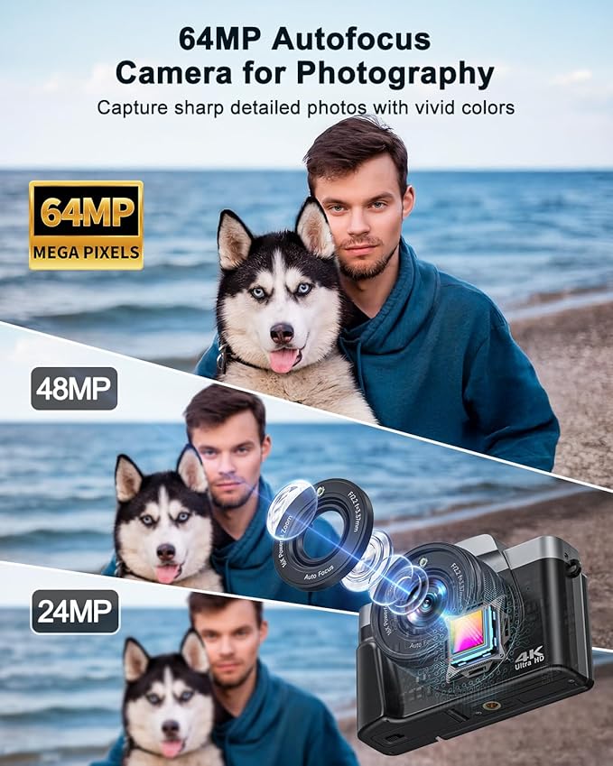 4K Digital Camera for Beginners & Teens with WiFi, 64MP Compact Autofocus Camera with 32Gb Card for Travel Vlogging Camera for YouTube, 180° Flip Screen Selfie Camera, Includes 2 Batteries