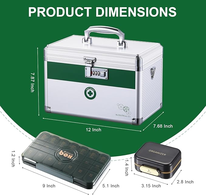 Medicine box with lock 12 x7.6x 7.8 inches [Medium], Medication Lock box ，First Aid Key Safe Box with Lock, Medical Box Organizer