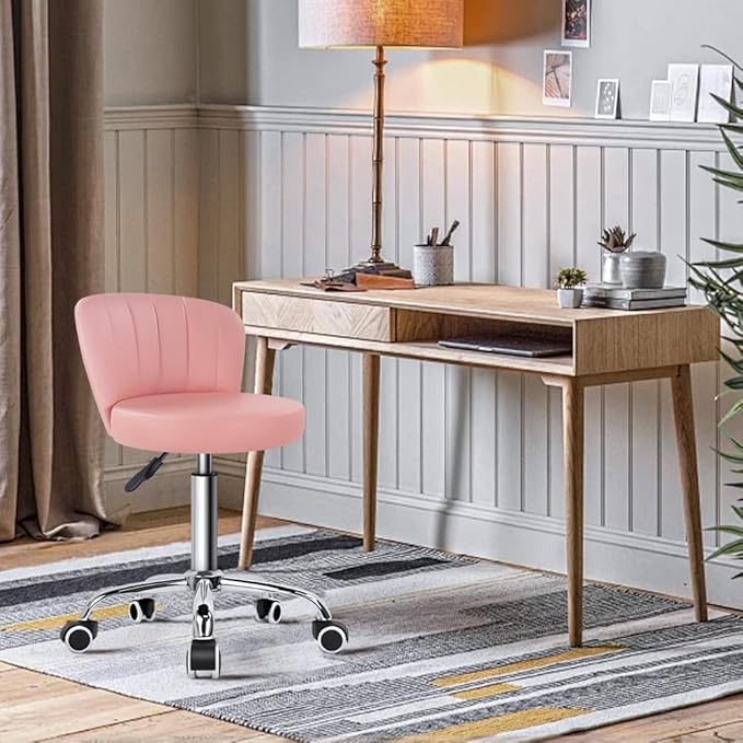 KKTONER Rolling Stool with Backrest Height Adjustable Office Chair PU Leather Swivel Vanity Chair with Wheels (Pink)