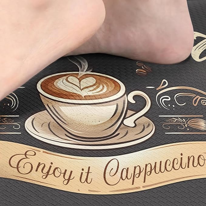 Arttown Coffee Latte Anti-Fatigue Kitchen Rug Set of 2 Brown Black Farmhouse Vintage Cushioned Floor Standing Mat Waterproof Non-Slip Kitchen Mat and PVC Ergonomic Comfort Foam Rug