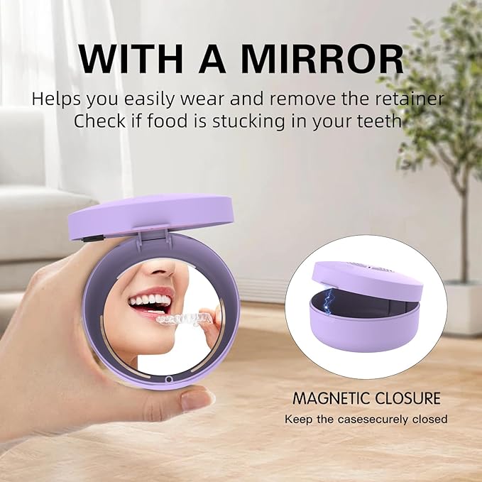 Voraiya UV Retainer Case with Fan, UVC Retainer Cleaner, Aligner Case Includes Vent Holes and Mirror, Portable Retainer Holder Box for Mouth Guard, Aligners, Night Guard, Purple