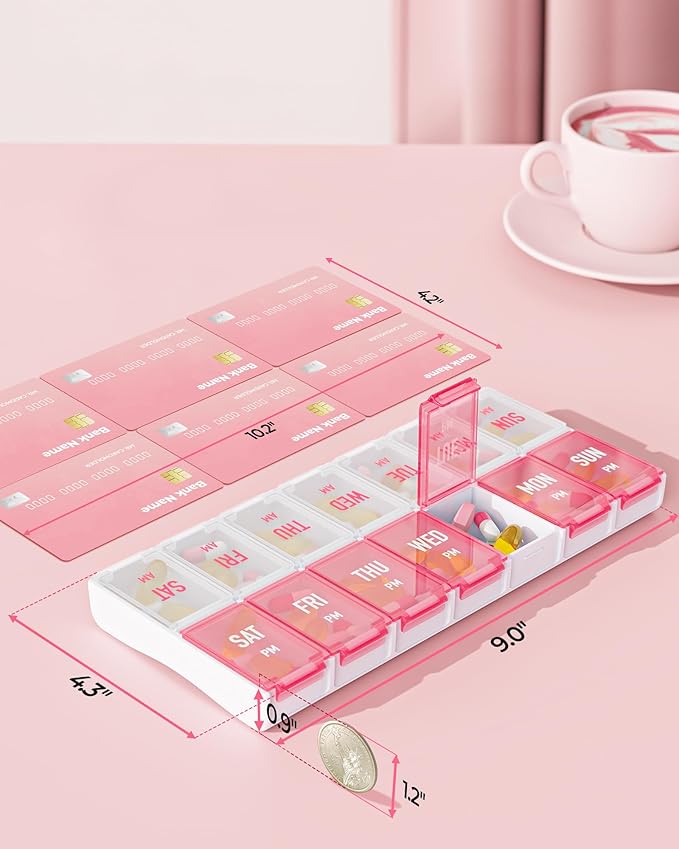 Weekly Pill Organizer 2 Times a Day, Stylish Pill Box 7 Day AM PM with Large Compartments, Pill Case Easy to Use, BPA-Free Pill Container for Vitamins, Fish Oils, Supplements, Medicines, Pink