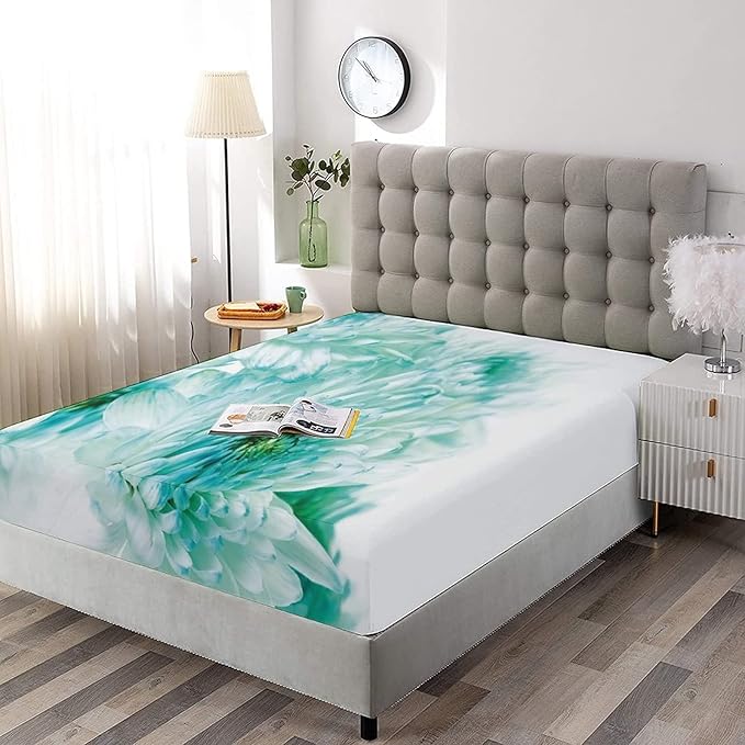 XISUNYA Decorative Bedding Sheet Set King Size, Aqua Deep Pockets Fitted Sheet & 2 Pillowcases Set(No Flat Sheet), Asian Dahlia Flowers and Buds Leaves Image Print Microfiber 3pc Bed Sheets Set