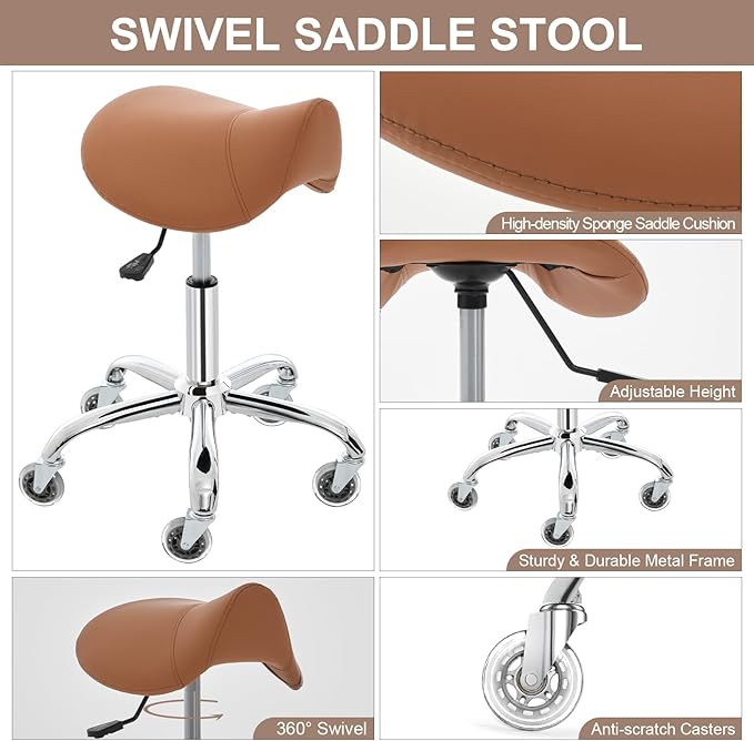 Saddle Stool, Ergonomic Saddle Chair with Wheels 450 LBS, Adjustable Height Swivel Salon Stool, Rolling Stool for Home Office Tattoo Massage Clinic Lab Beauty (Brown)