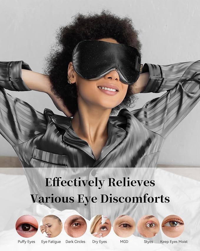 Heated Eye Mask for Dry Eyes - Warm Compress for Digital Tired Eyes, Stye Relief - Cordless, Adjustable Heat & Timer Settings - Airplane/Road Travel, Sleep aid, Office nap Black