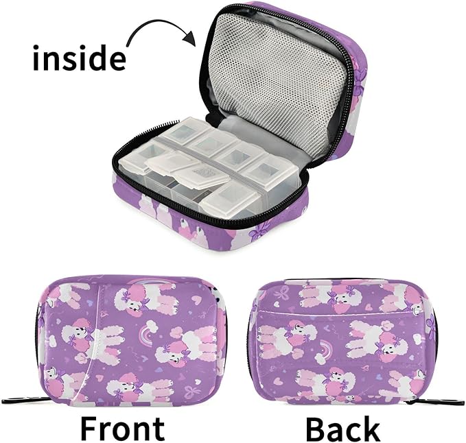 Purple Poodles Hearts Ribbons Rainbows Travel Pill Organizer Case Box Container Weekly Portable Vitamin Medicine Holder Storage Bag with Zipper Removable