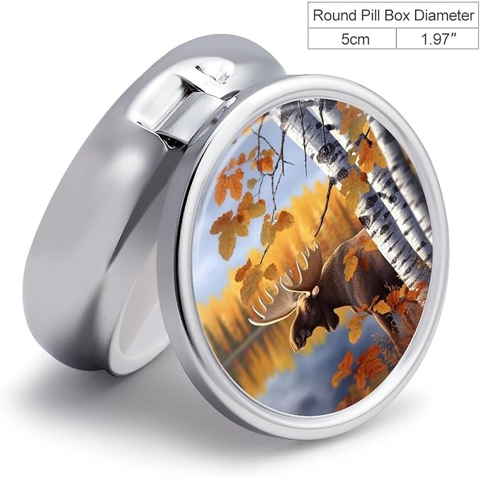 Fall Birch Leaves Elk Pill Box 3 Compartment Small Pill Case Portable Pill Box for Pocket Or Purse Round Metal Pill Box Cute Medicine Organizer Holder to Hold Vitamins Medication