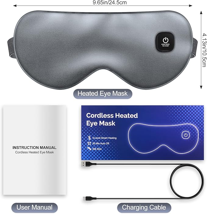 Cordless Heated Eye Mask for Dry Eyes, Blocking Light Warm Compress Rechargeable, 1000mAh Electric Eye Heating Pad for Sleeping, Washable Heat Sleep Mask with 3 Temperature Settings, Grey