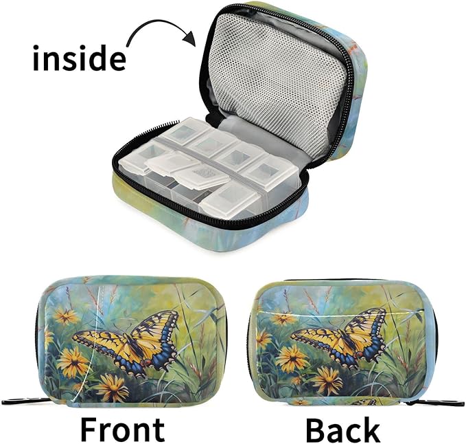 Fustylead Beautiful Butterfly and Yellow Cornflower Oil Painting Pill Organizer Travel Bag, Small Portable Pill Case Cute for Vitamin Fish Oil Supplements Medicine Organizer with Zipper