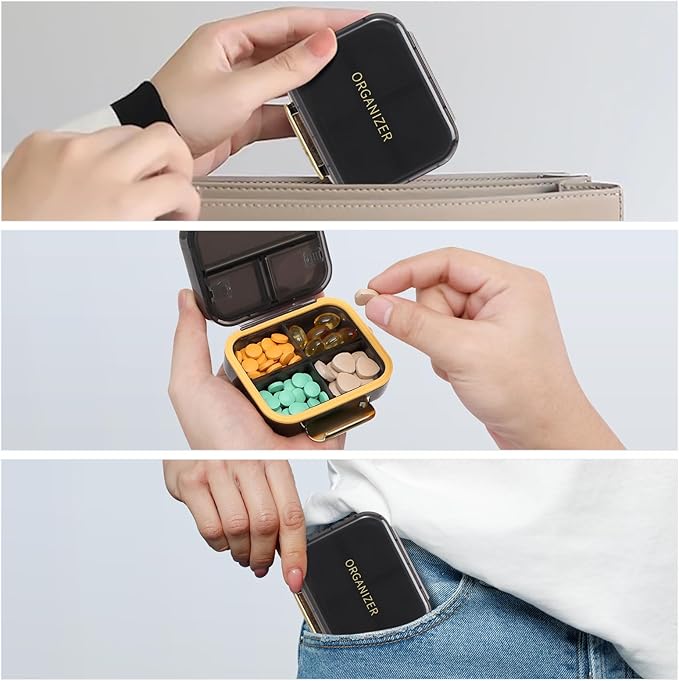 Toplive 7 Compartments Portable Pill Organizer Travel Medicine Pill Organizer, Moisture Proof Small Pill Case Pocket Pill Holder Daily Pill Container Box for Fish Oil Vitamins, Black