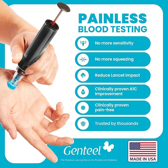 Genteel Plus - Pain Free Vacuum Lancing Device for Diabetes Testing - Blood Sugar, Glucose, Ketone, and DNA Home Tests (Buff Black)