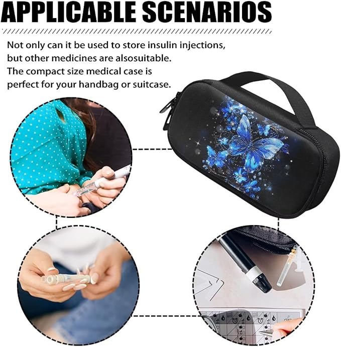 Blue Butterfly Insulin Pen Cooler Travel Case Portable Stain Resistant Insulated Carrying Bag to Keep Insulin Pen and Diabetic Supplies for Daily Life and Trip