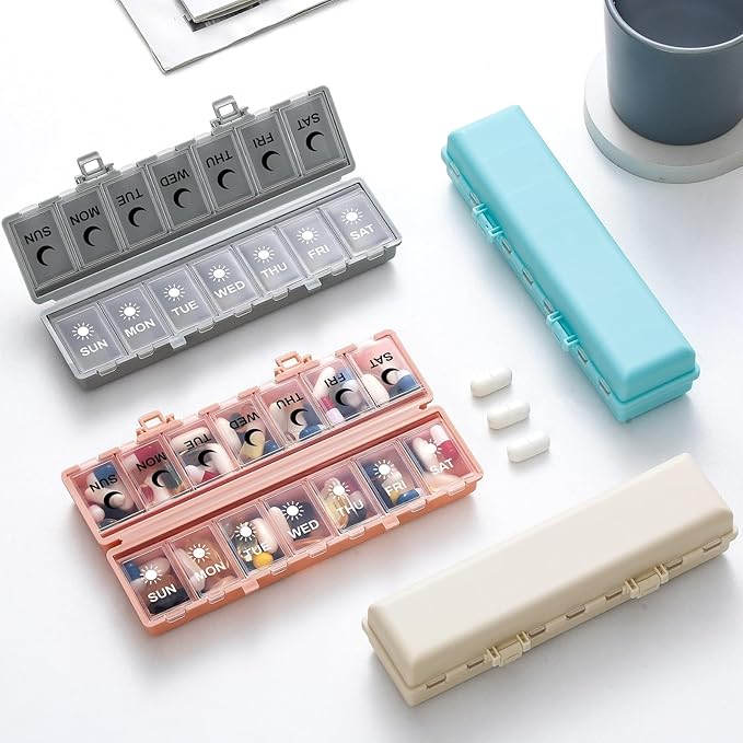 Foldable Pill Organizer Weekly 2 Times a Day, 7 Day Portable AM PM Travel Pill Case with Black&White Labels, Dual-Protection Daily Medicine Box, Large Pill Container for Vitamin/Supplement-Khaki
