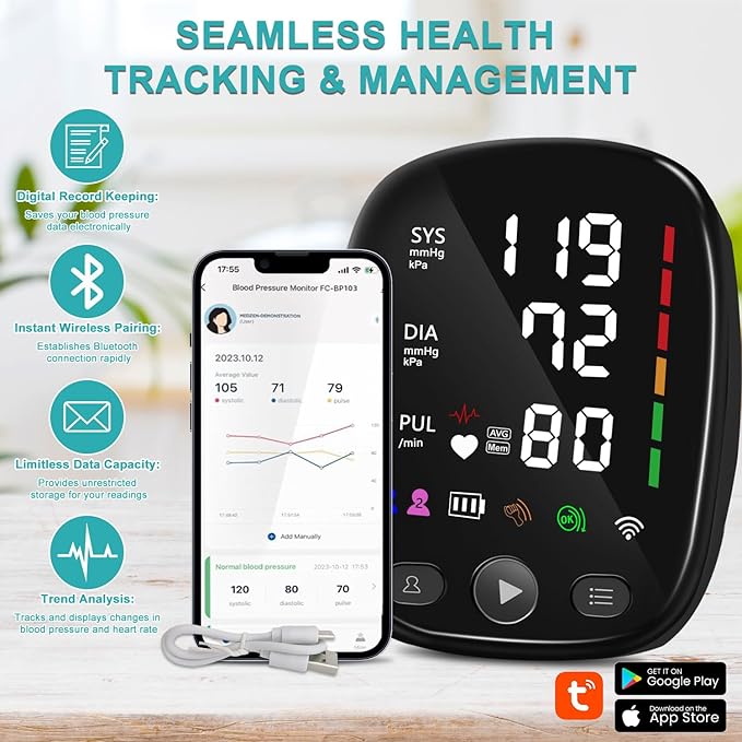 Bluetooth Automatic Blood Pressure Monitor for Home Use - with Adjustable Upper Arm Large Cuff (8.7"-17.3"), App Tracking, LED Display 2 Users 240 Sets Memory, Hypertension Detector
