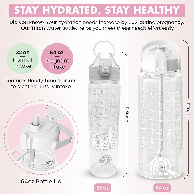 You & Me Pregnancy Water Bottle (32 oz) with Carry Sleeve – Hydration Tracker for Expecting Moms, Milestone Stickers (Pink/Blue/Neutral), BPA-Free, Covered Straw Lid – Gift for Pregnancy & New Moms