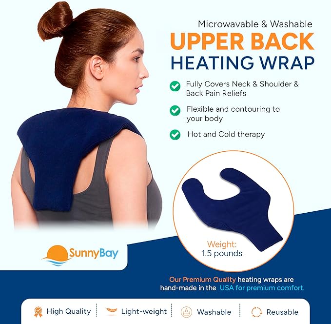 SunnyBay Shoulder and Upper Back Heating Pad, Microwavable Heated Neck and Shoulder Wrap, Weighted Moist Pain Relief Pack with Washable Cover and Flax Seed Filling, Medium, Navy Blue