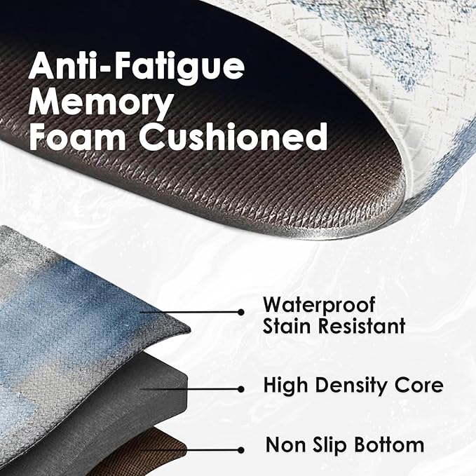 Anti-Fatigue Blue Grey Kitchen Rug Set of 2 Cushioned Abstract Rug for Floor, Art Standing Mat Waterproof Non-Slip Mat PVC Ergonomic Comfort Foam Kitchen Decor