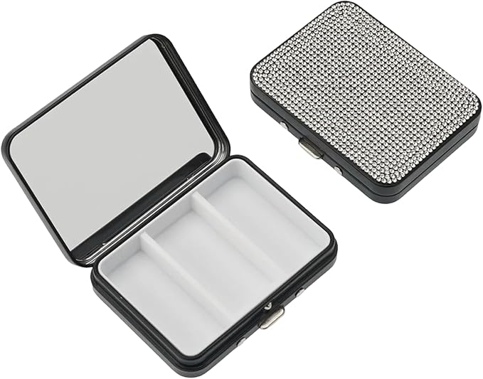 2Pcs Bling Small Pill Case with Mirror 3 Compartment Metal Pill Box for Purse and Pocket,Portable for Daily Vitamins and Medication(Black)