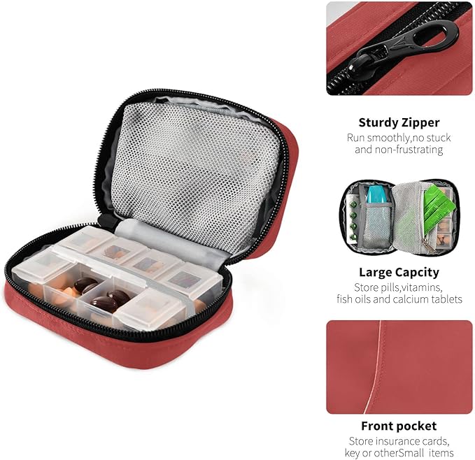 Pill Box 7 Day Pill Case Travel Pill Organizer Bag with Zipper Portable Weekly Case Compact Size for Vitamin Supplement Holder, Solid Color Red