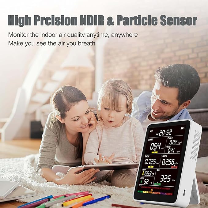 Professional Indoor Air Quality Monitor with AQI Alerts, Portable Real-Time Detector for Home, Car, Plants & Pets (Off White)